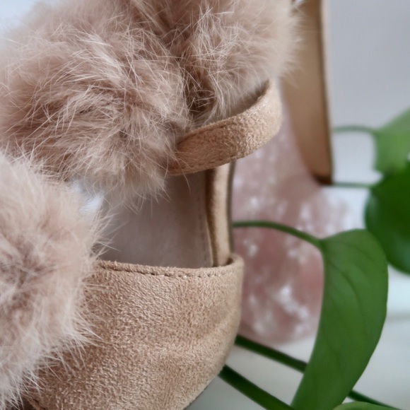 Light Pink Suede Heels with fluff balls - Picture 3 of 5